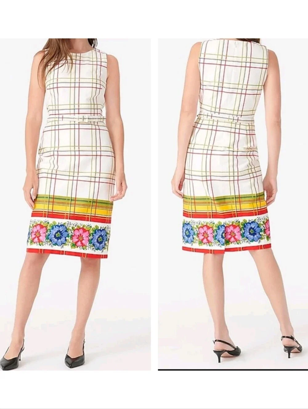 J. Crew Belted bi-stretch cotton dress with floral border Size 2